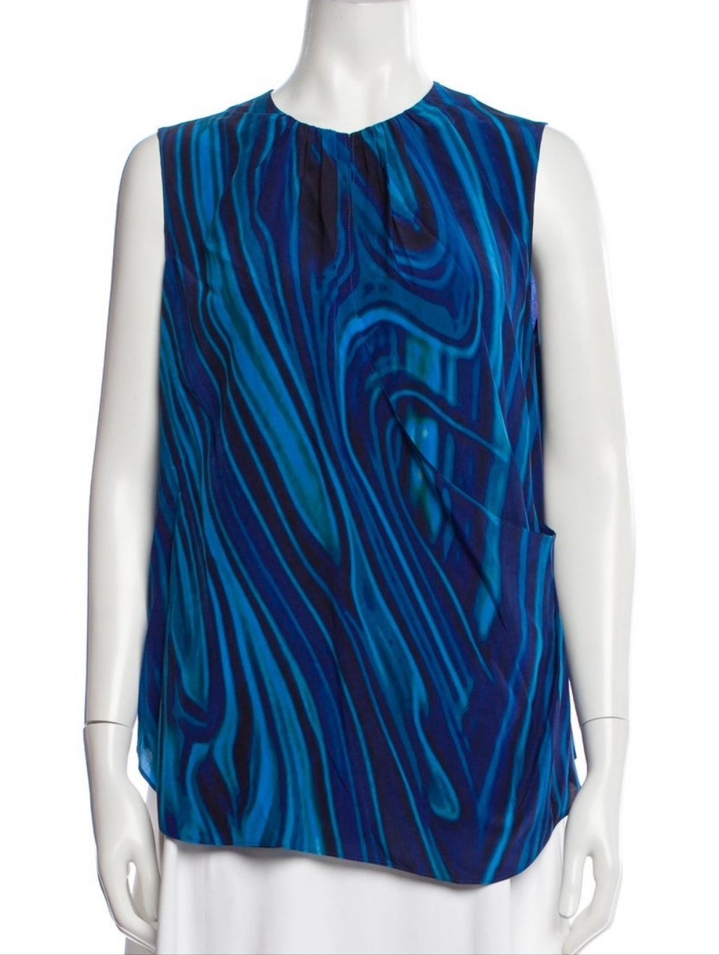 Akris Punto Blue Teal Wave-Print Sleeveless Silk Top